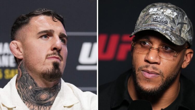 Tom Aspinall (left) looks on at UFC 321 press conference, Ciryl Gane (right) looks on at UFC 321 press conference
