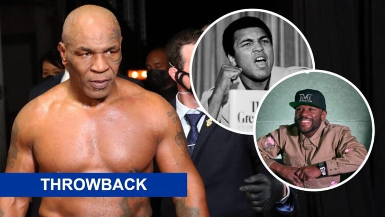 Mike Tyson (left) holds towel after Roy Jones Jr exhibition, Muhammad Ali (top right) presents his new book The Greatest, Floyd Mayweather (bottom ...