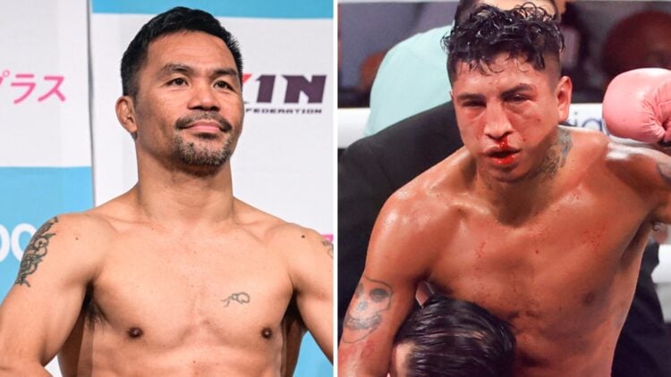Manny Pacquiao poses in front of reporters (left) and Mario Barrios raises fist after winning fight (right)
