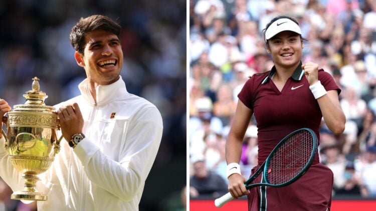 Emma Raducanu playing at Queen's and Carlos Alcaraz lifting the Wimbledon trophy