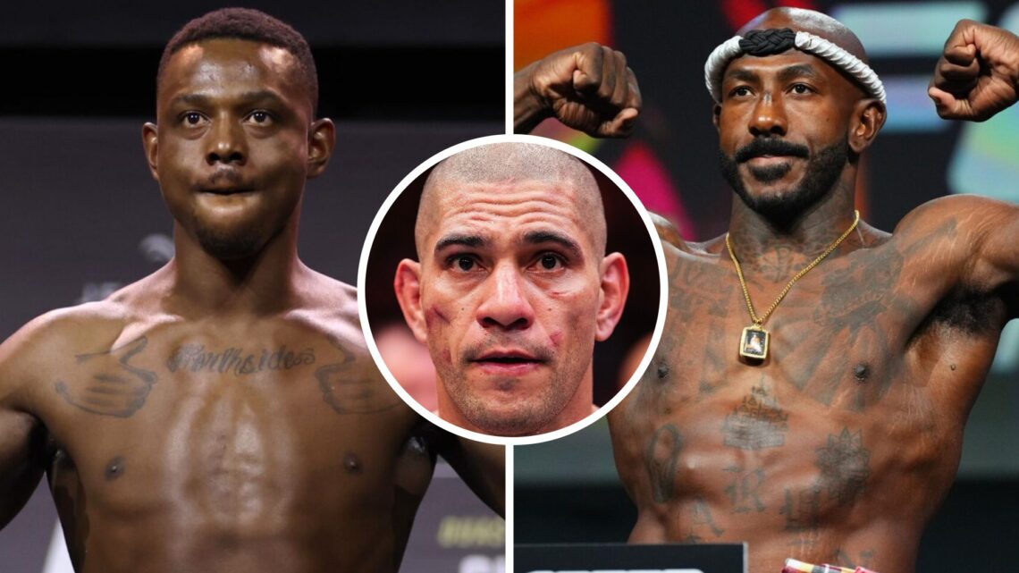 Jamahal Hill poses on the scales ahead of UFC 283, Khalil Rountree Jr. poses on the scales ahead of UFC 307, inset Alex Pereira reacts after his UF...