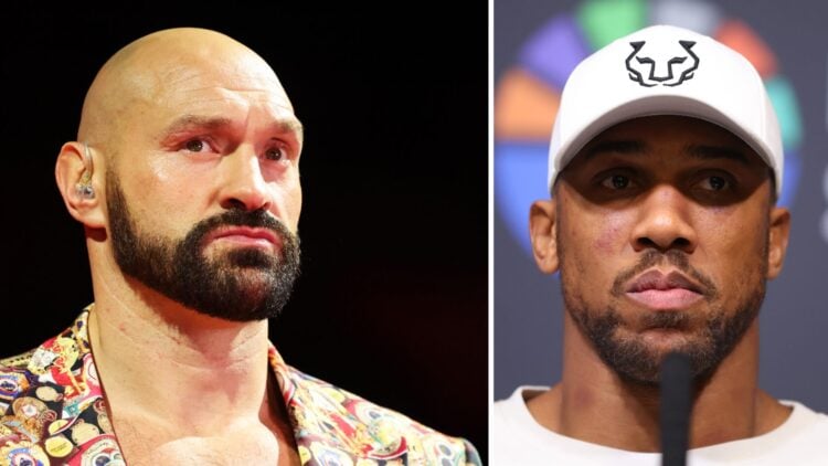 Tyson Fury looks on (left), Anthony Joshua stares down the camera (right)