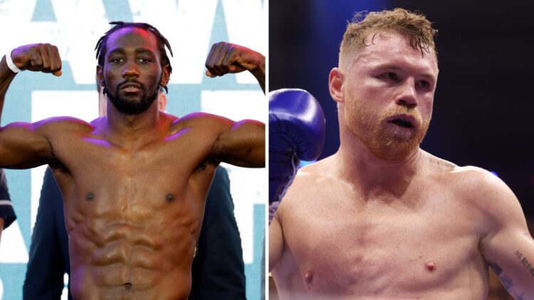 Terence Crawford (left) poses and Canelo Alvarez (right) in a boxing stance