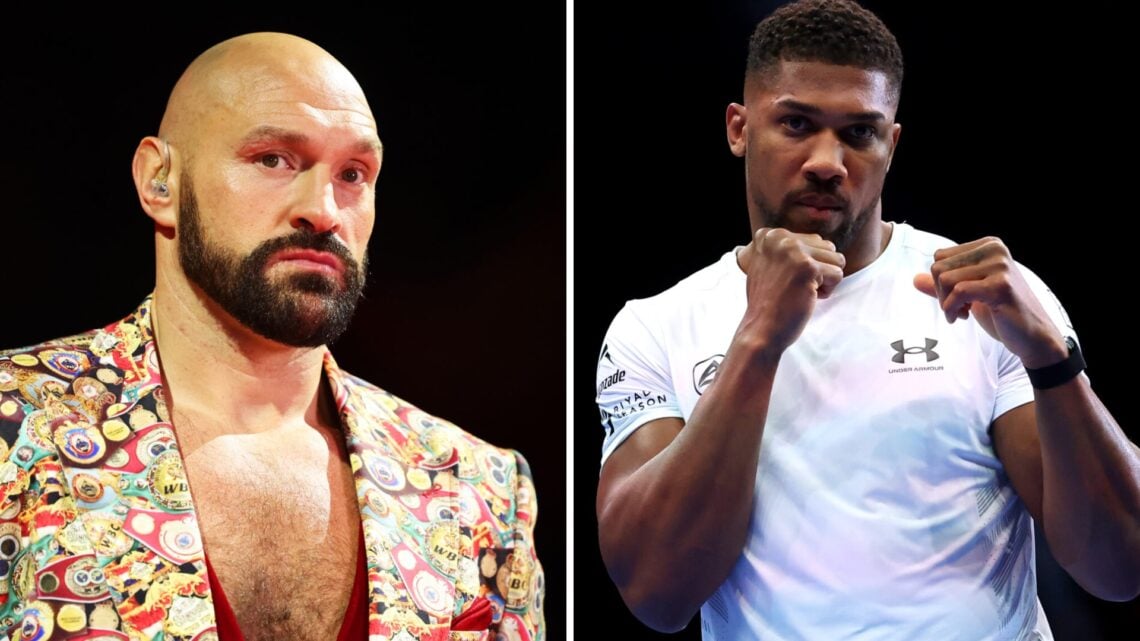 Tyson Fury looks on (left), Anthony Joshua stares down the camera with fists up (right)