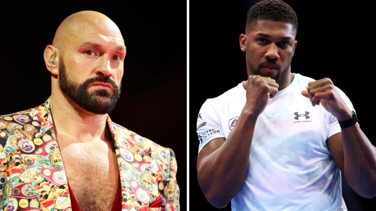 Tyson Fury looks on (left), Anthony Joshua stares down the camera with fists up (right)