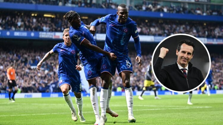 Chelsea players Nicolas Jackson, Noni Madueke, and Enzo Fernandez celebrate against Everton (L). Unai Emery (R) celebrates Aston Villa's win agains...