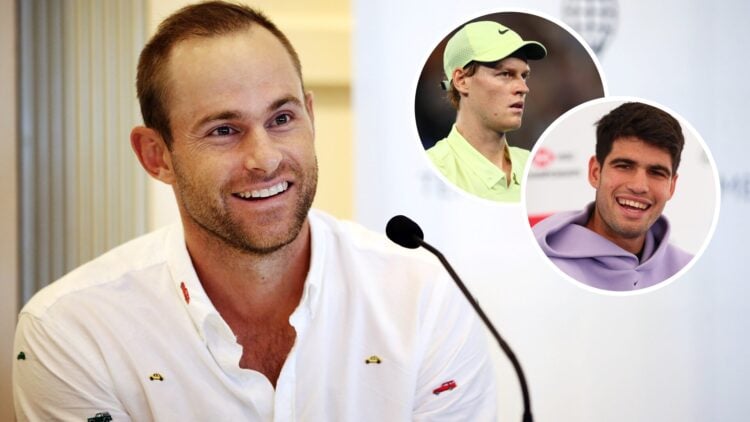Andy Roddick speaking at the Tennis Hall of Fame in 2017 with insets of Carlos Alcaraz and Jannik Sinner