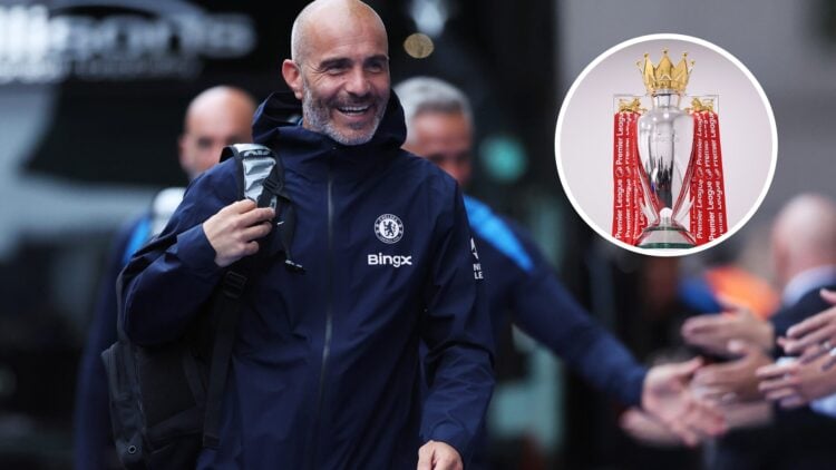 Chelsea manager Enzo Maresca (L) and the Premier League Trophy (R)