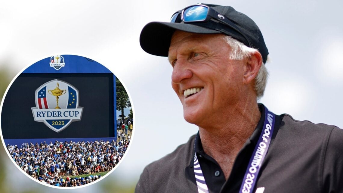 LIV Golf CEO Greg Norman (right) smiles, and the 2023 Ryder Cup logo shown on a big screen