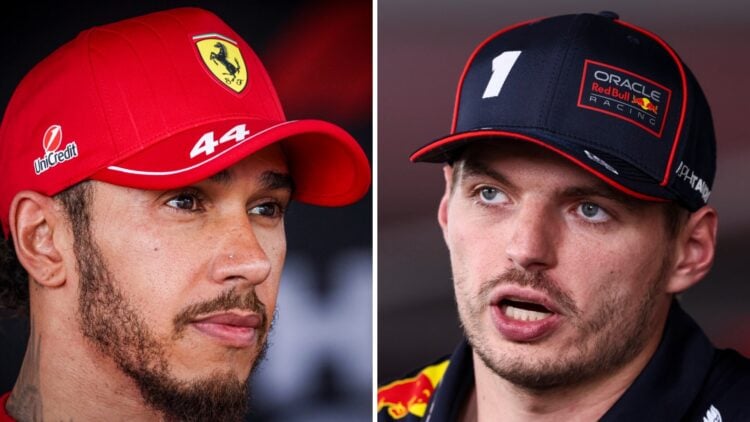 Left: Ferrari's Lewis Hamilton speaks to the media after the Hungarian Grand Prix. Right: Red Bull's Max Verstappen speaks to the media after the H...