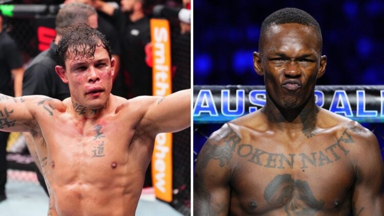Caio Borralho (left) raises arms in the air after Nassorudine Imavov loss, Israel Adesanya (right) looks on before Dricus Du Plessis fight