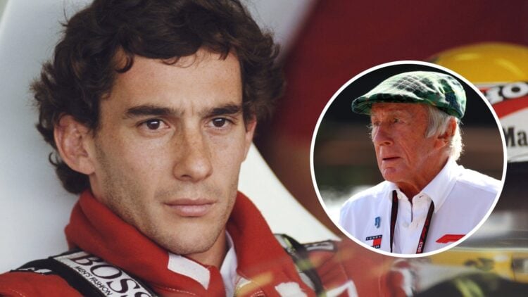 Ayrton Senna sitting in the cockpit of his McLaren F1 car, with Jackie Stewart walking through the F1 paddock in the overlay image.