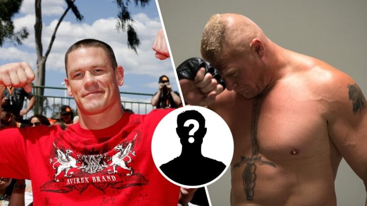 Side by side of WWE legends John Cena and Brock Lesnar
