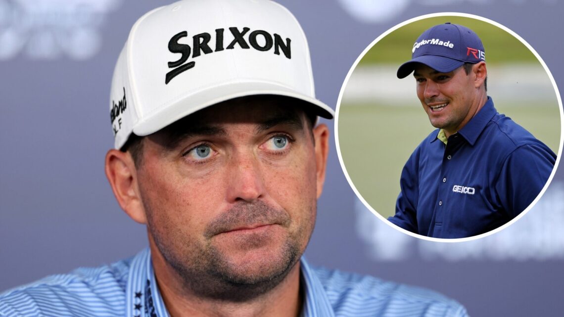 Keegan Bradley speaks to the media (left) and Johnson Wagner waves to the gallery (right)