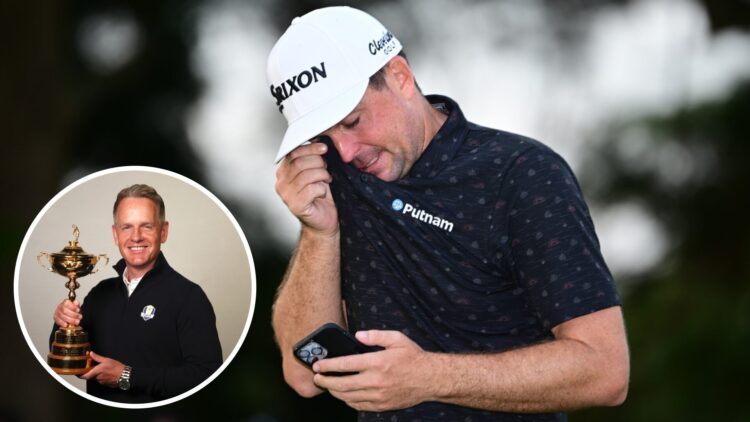 Keegan Bradley (right) speaks on the phone, and Luke Donald (left) poses with the Ryder Cup trophy