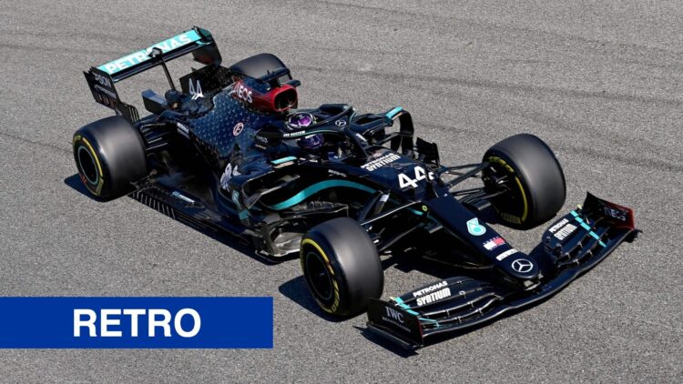 Lewis Hamilton driving his Mercedes W11 during qualifying for the 2020 Italian Grand Prix. Overlaid: A Throwback banner.