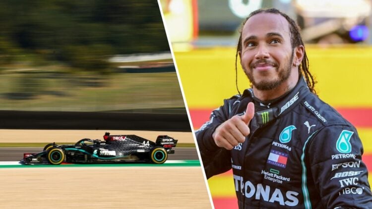 (Left) Lewis Hamilton's Mercedes races around the Mugello Circuit (Right) Lewis Hamilton smiles and gives a thumbs up after winning the Tuscan Gran...