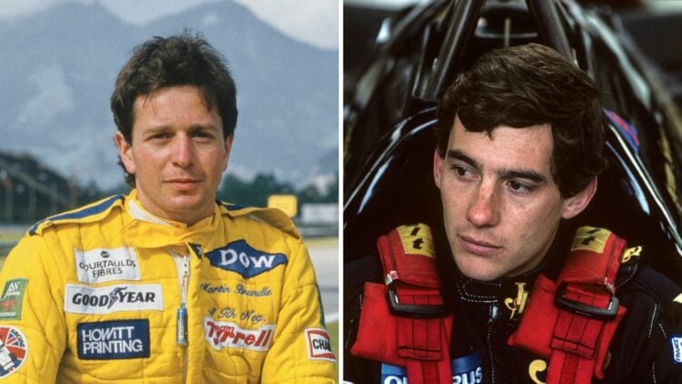 Tyrrell driver Martin Brundle (left) posing at the 1985 Brazilian Grand Prix, Lotus driver Ayrton Senna (right) sitting in his car at the 1985 Belg...