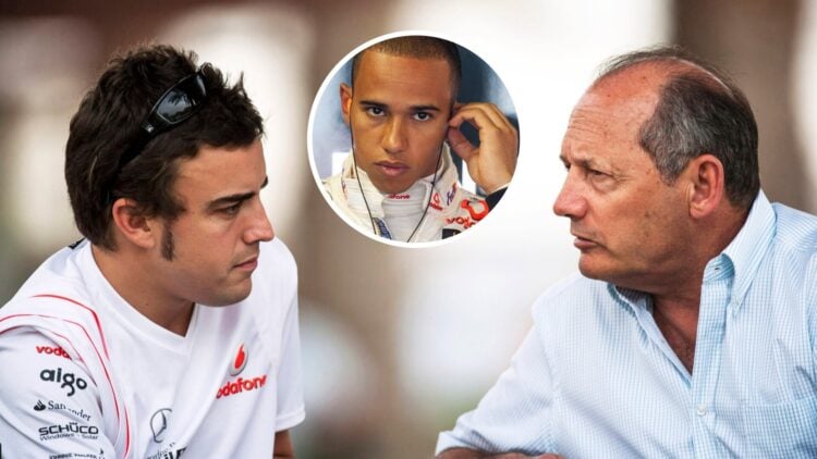 Fernando Alonso (left) talks to McLaren boss Ron Dennis (right) with overlay of Lewis Hamilton concentrating as he put in his ear plugs