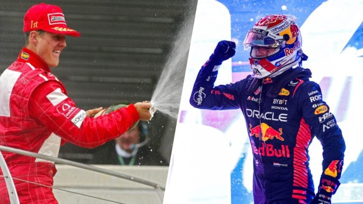 Split image: (Left) Michael Schumacher sprays champagne after winning the 2003 United States Grand Prix (Right) Max Verstappen fist pumps the air a...
