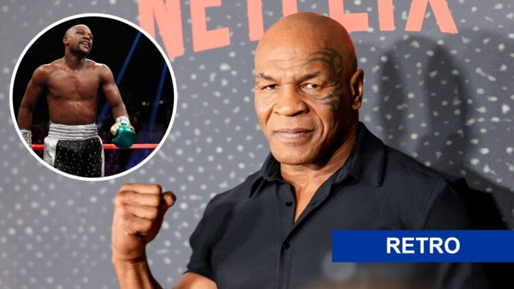Floyd Mayweather Jr (left) looks on during Andre Berto fight, Mike Tyson (left) poses at Netflix premiere