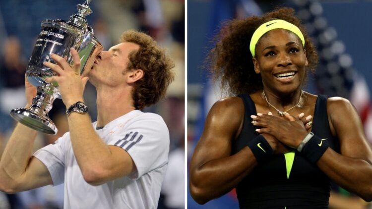 Left: Andy Murray holds the US Open trophy aloft after beating Novak Djokovic in 2012. Right: Serena Williams celebrates after beating Victoria Aza...