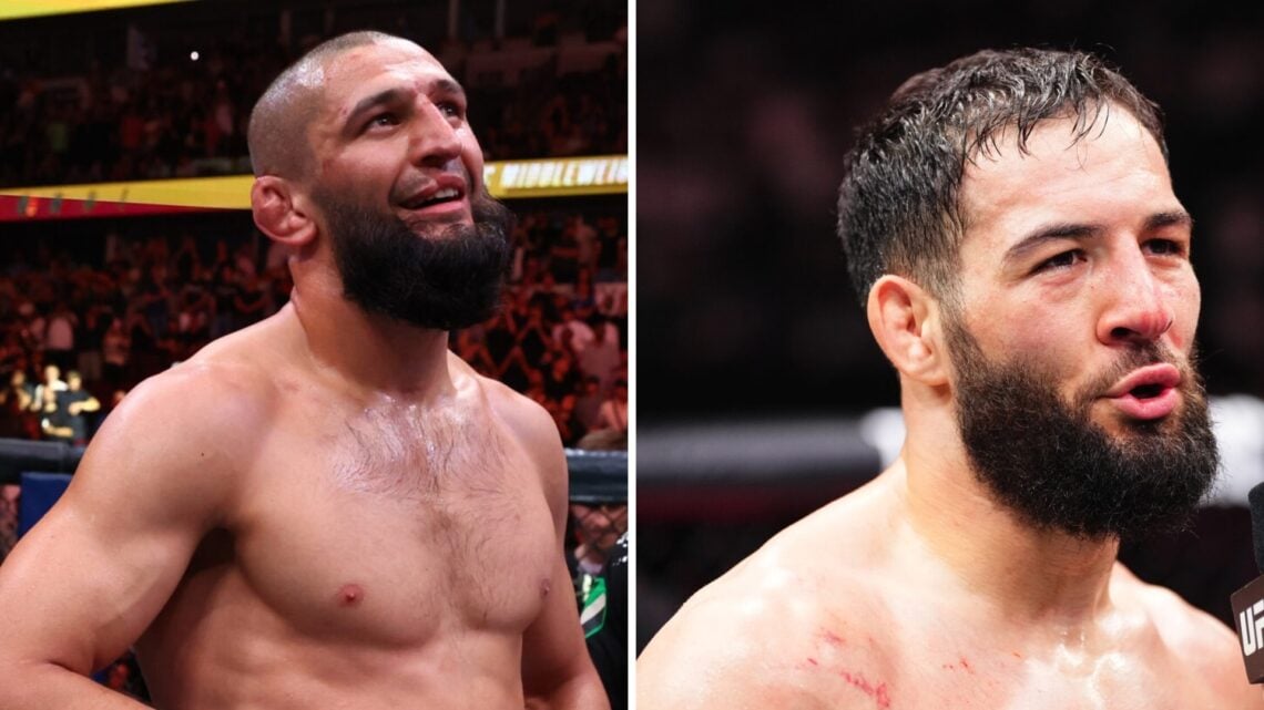 Khamzat Chimaev (left) has belt wrapped around his waist at UFC 319, Nassourdine Imavov (right) speaks after beating Caio Borralho