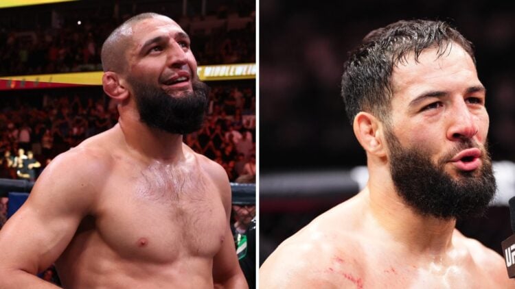Khamzat Chimaev (left) has belt wrapped around his waist at UFC 319, Nassourdine Imavov (right) speaks after beating Caio Borralho