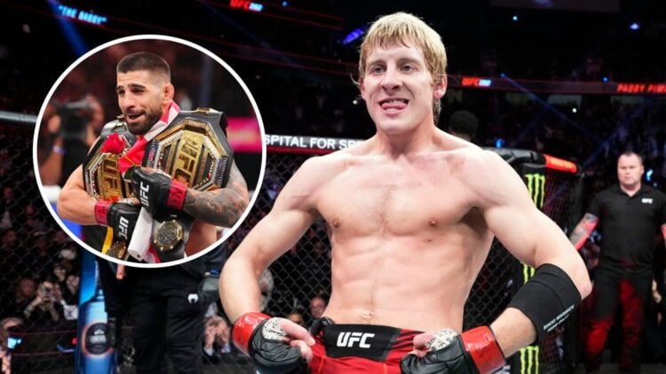 Ilia Topuria (left) celebrates with belts after Oliveira win, Paddy Pimblett (right) poses after Jared Gordon victory