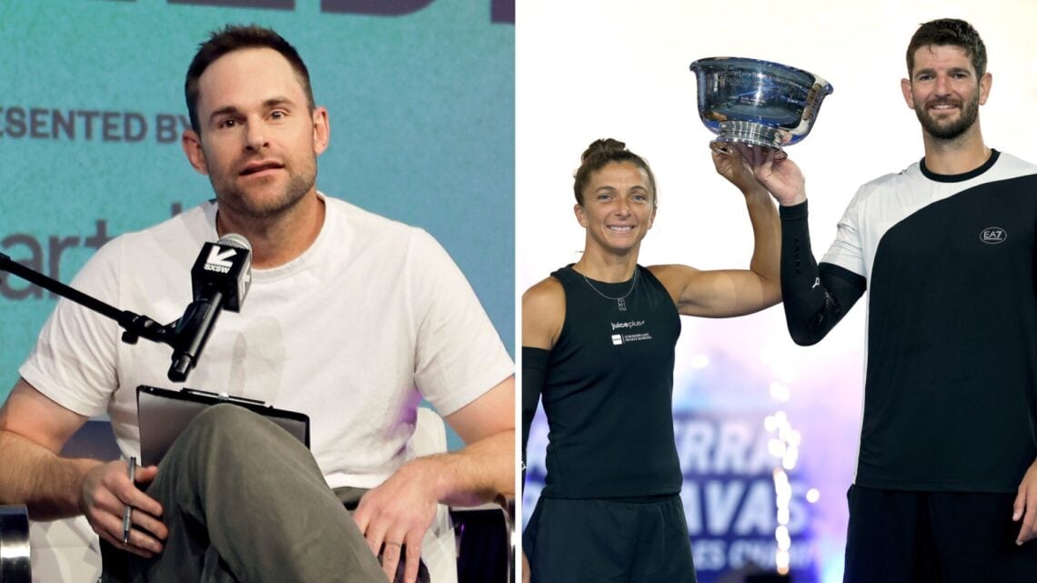 Left: Andy Roddick speaks on-stage during a festival in Texas. Right: Sara Errani and Andrea Vavassori of Italy pose with their trophy after winnin...