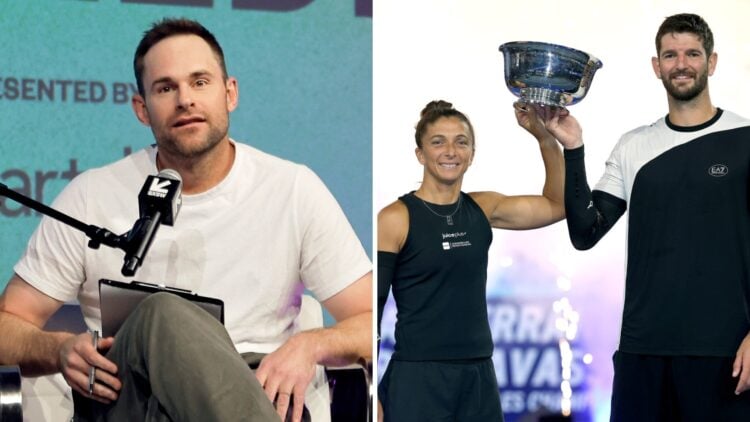 Left: Andy Roddick speaks on-stage during a festival in Texas. Right: Sara Errani and Andrea Vavassori of Italy pose with their trophy after winnin...