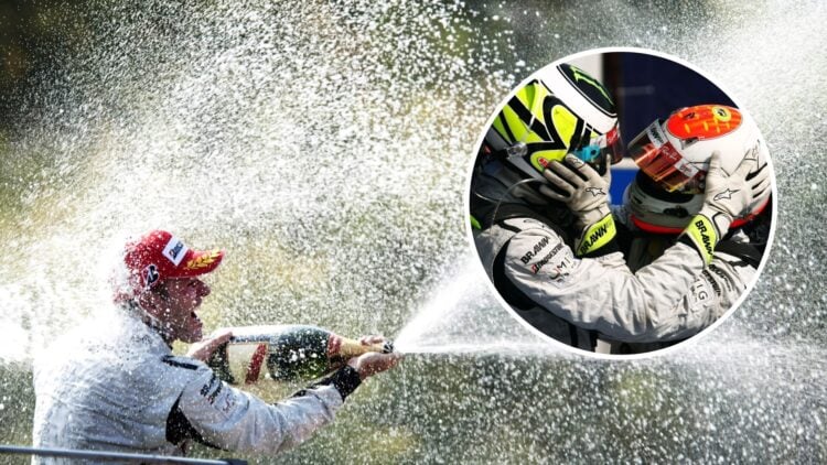 Rubens Barrichello sprays champagne after winning the 2009 Italian Grand Prix. Overlay - Jenson Button (Left) and Barrichello (Right) embrace after...