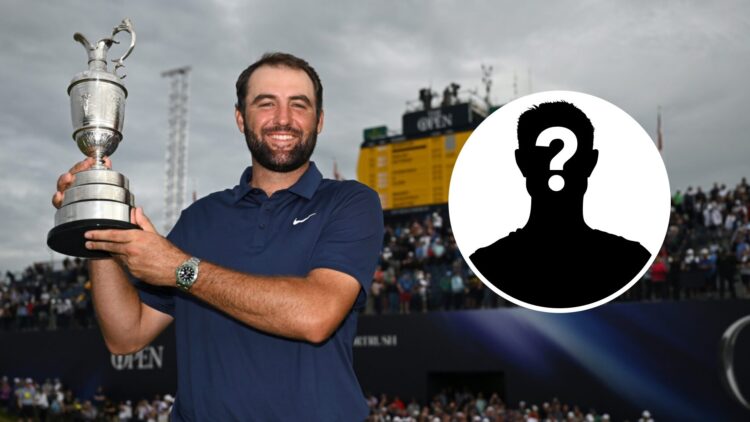 Scottie Scheffler of the United States lifts the Claret Jug (left) and a mystery person