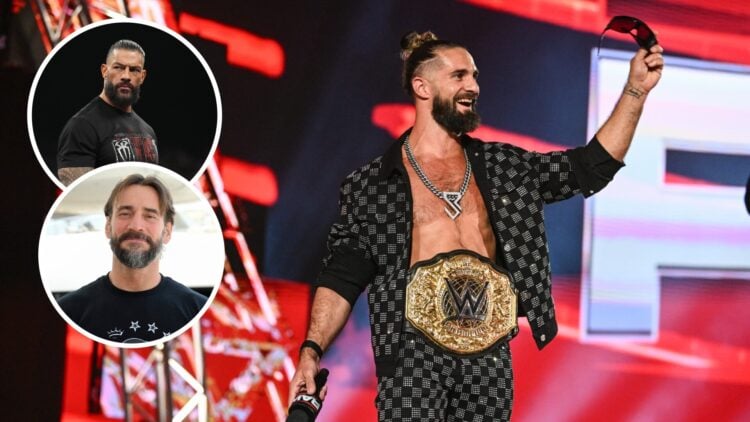 Seth Rollins on WWE Raw in Paris, France with insets of CM Punk and Roman Reigns