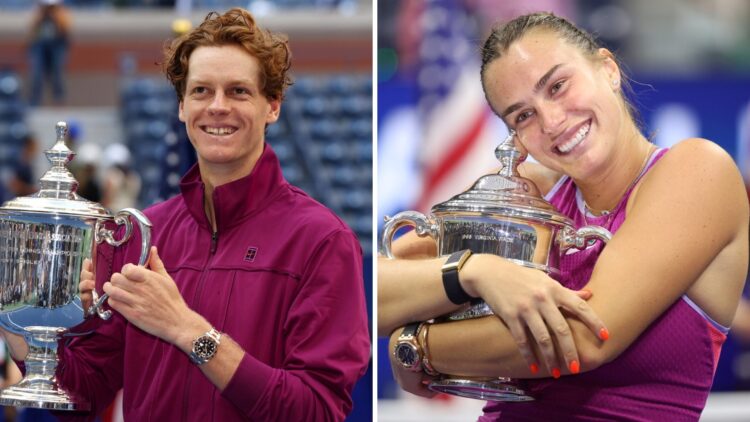Left: Jannik Sinner holds the US Open trophy after beating Taylor Fritz in the final. Right: Aryna Sabalenka holds the US Open trophy after beating...