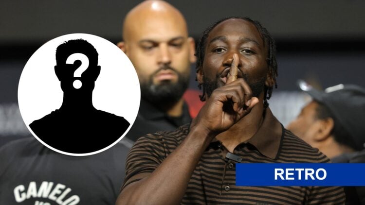 Terence Crawford (right) shushes crowd at press conference