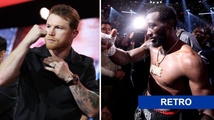 Canelo Alvarez (left) poses at Terence Crawford press conference, Terence Crawford (right) puts thumb up to the crowd after Errol Spence Jr win