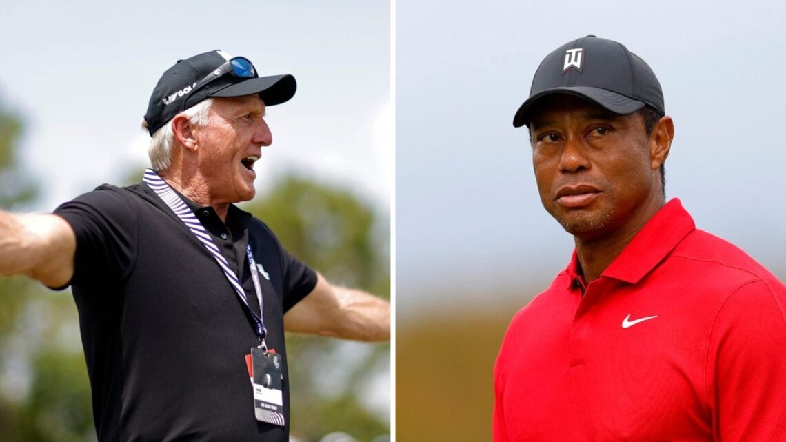 LIV Golf CEO Greg Norman (left) with arms outstretched, and Tiger Woods (right) looks on
