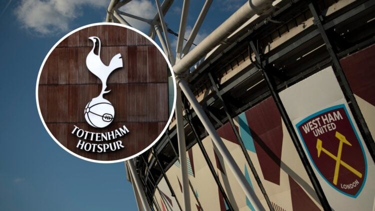 Main: An outside view of West Ham's London Stadium. Inset: Tottenham Hotspur club crest.